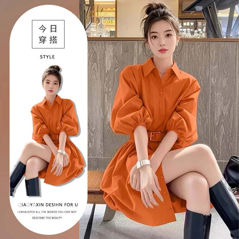 2025夏季新款韩版气质收腰减龄连衣裙女法式洋气宽松显瘦衬衫裙潮