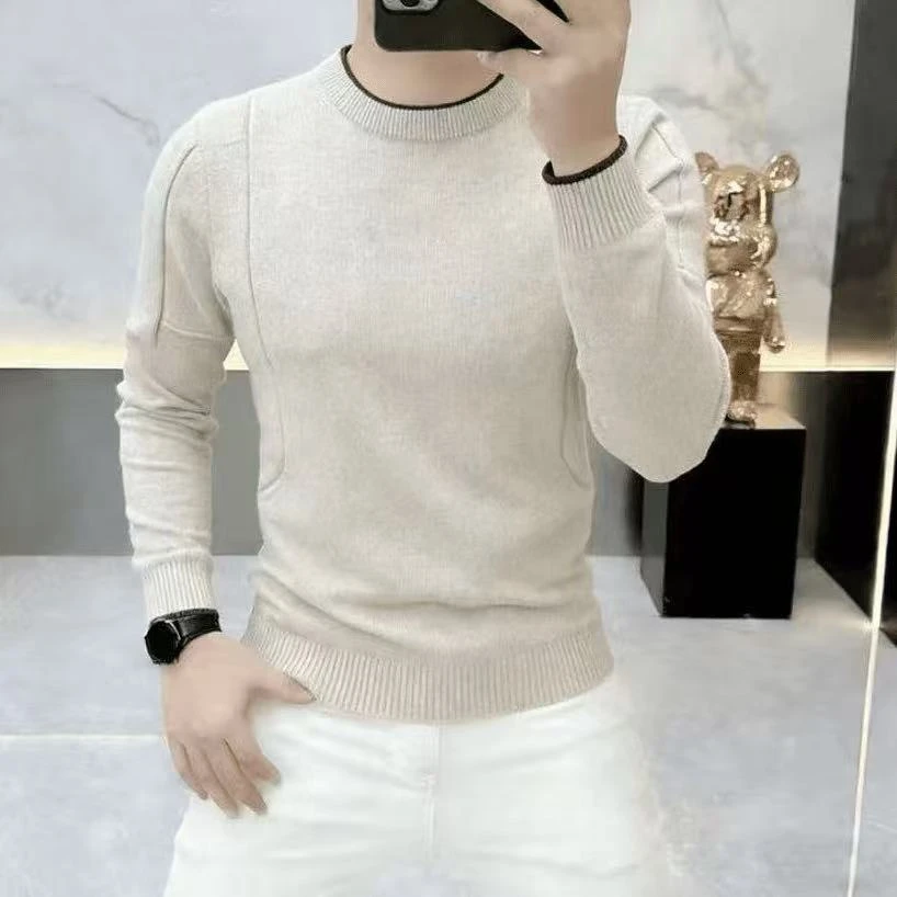 高档圆领简约纯色毛衣男士秋冬时尚百搭保暖针织衫打底衫男装5220