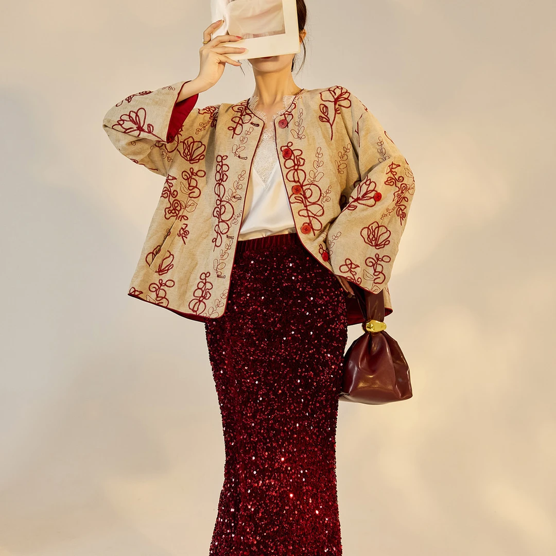 高端秋季新中式复古印花改良上衣女国风时尚开衫盘扣轻熟宽松外套