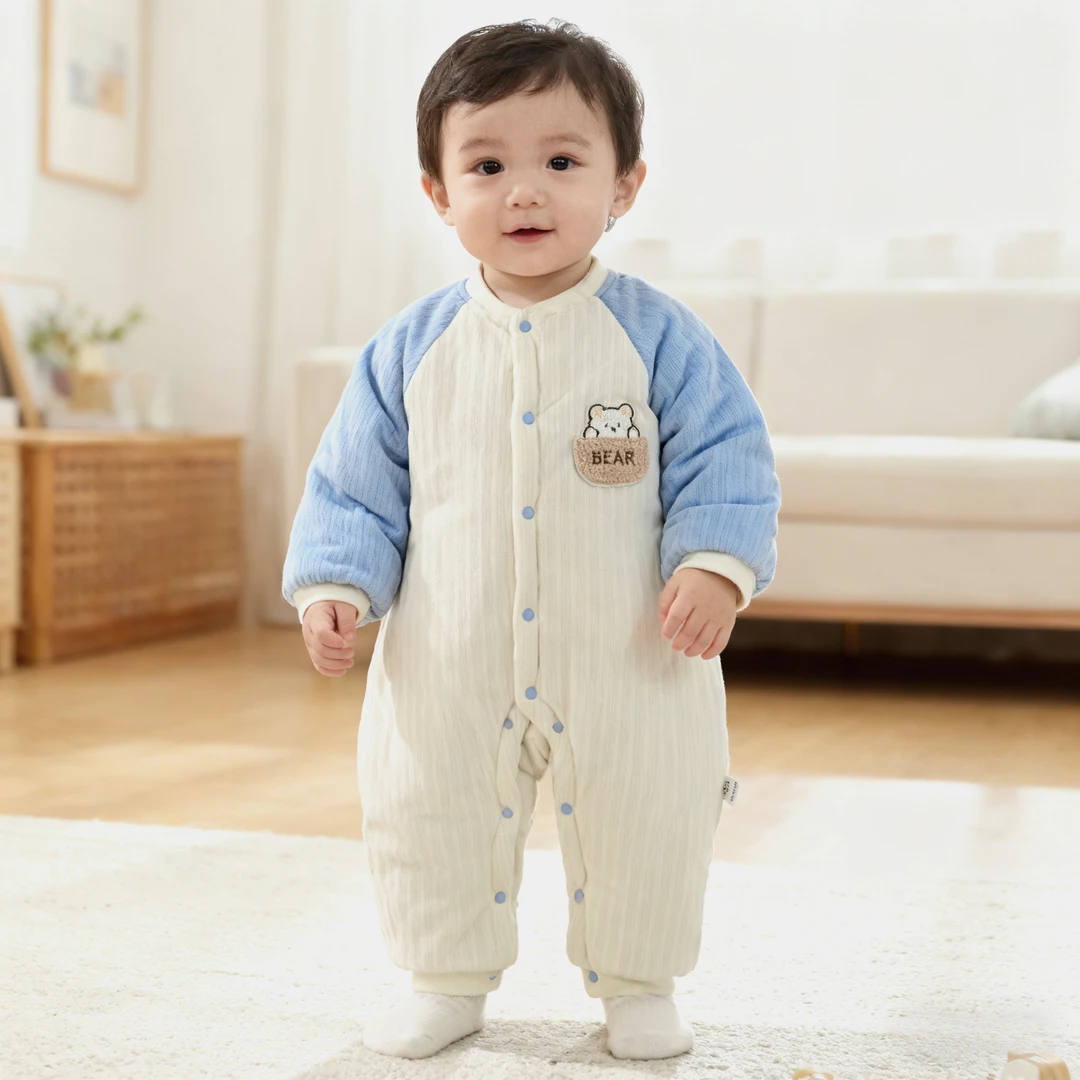 小熊插肩棉服连体衣 婴儿冬季棉服加厚哈衣爬服男女宝宝保暖衣