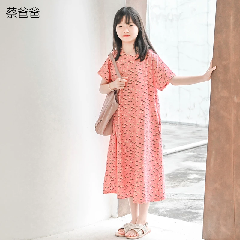 蔡爸爸童装2025新款夏装女大童少女度假风裙子印花t恤连衣裙556