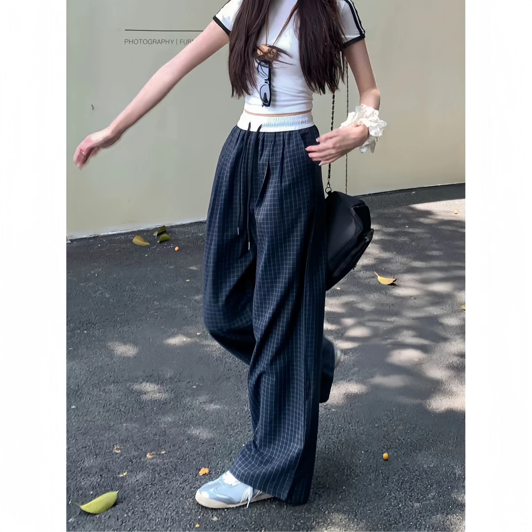 美式格子裤子男夏季薄款休闲阔腿裤男女拼色宽松设计感小众直筒裤
