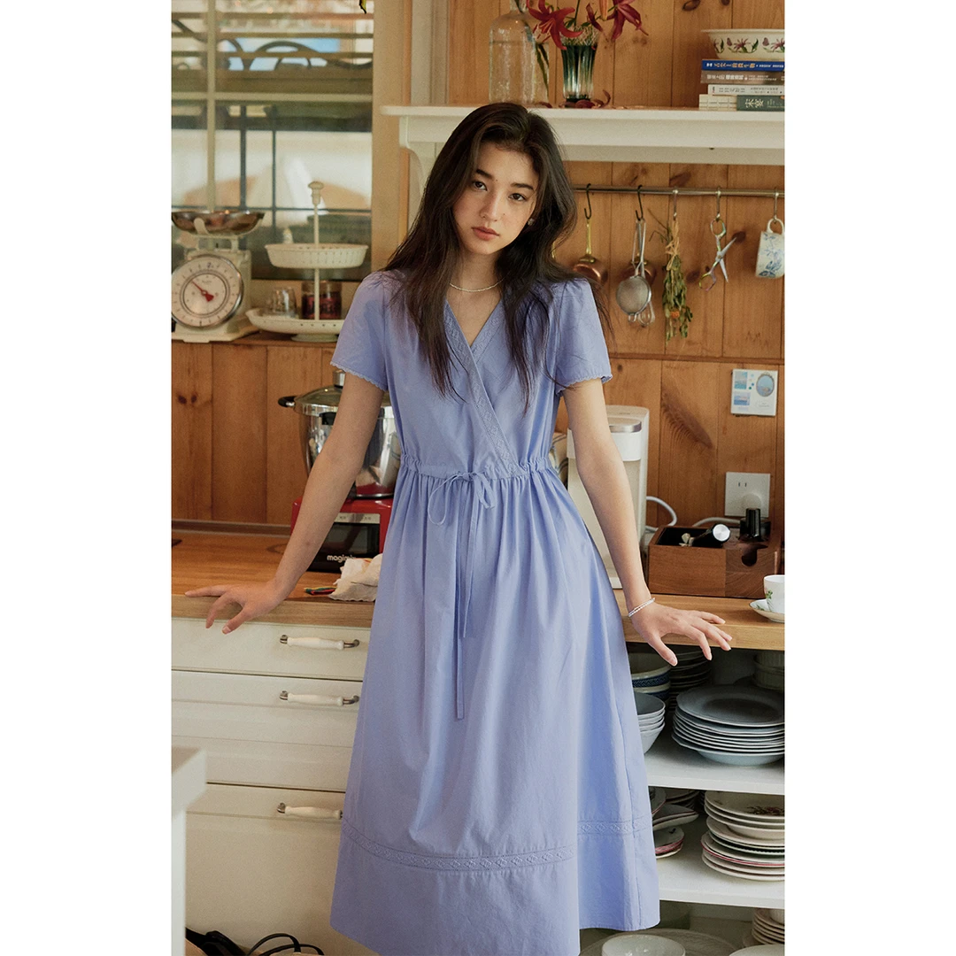 solighter法式莱赛尔v领花边抽绳收腰连衣裙5I0618L04A3