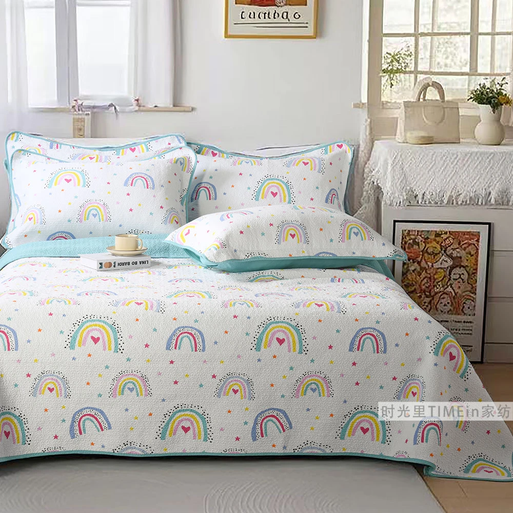 卡通儿童可爱纯棉床盖三件套绗缝被子1.5米床双人用夹棉床单床品