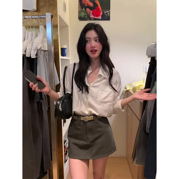 2025春季衬衣百搭薄款后背设计感时尚衬衫上衣半身裙两件套装女