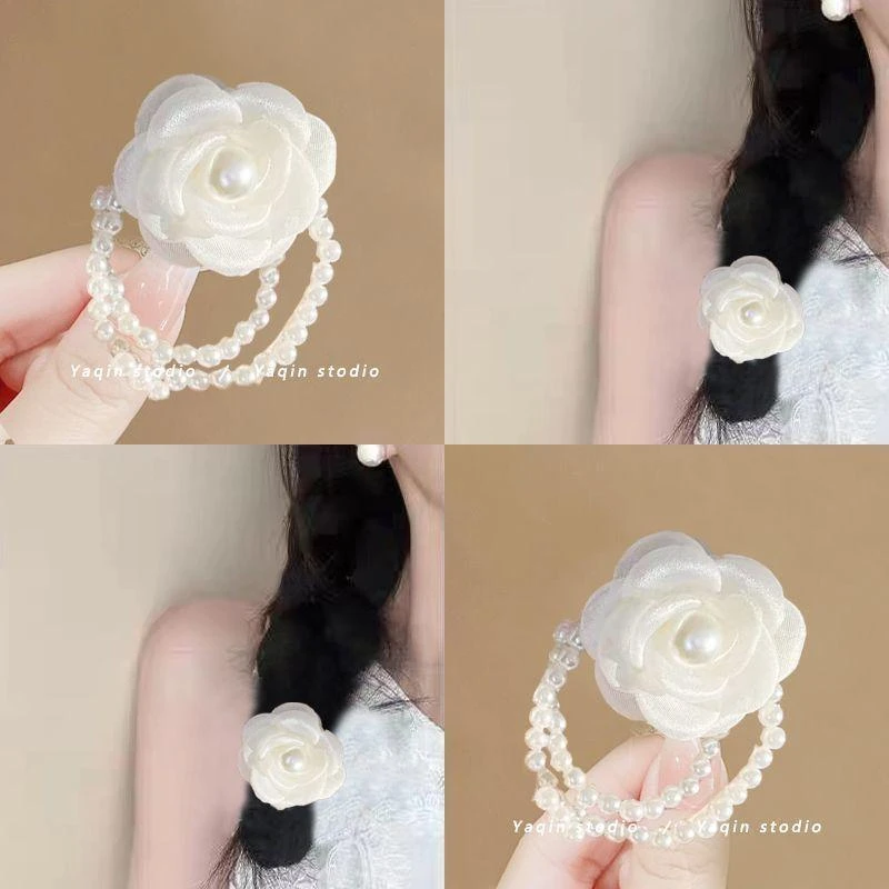 温柔白月光山茶花珍珠发圈高弹力头绳超仙马尾头绳橡皮筋头饰发绳