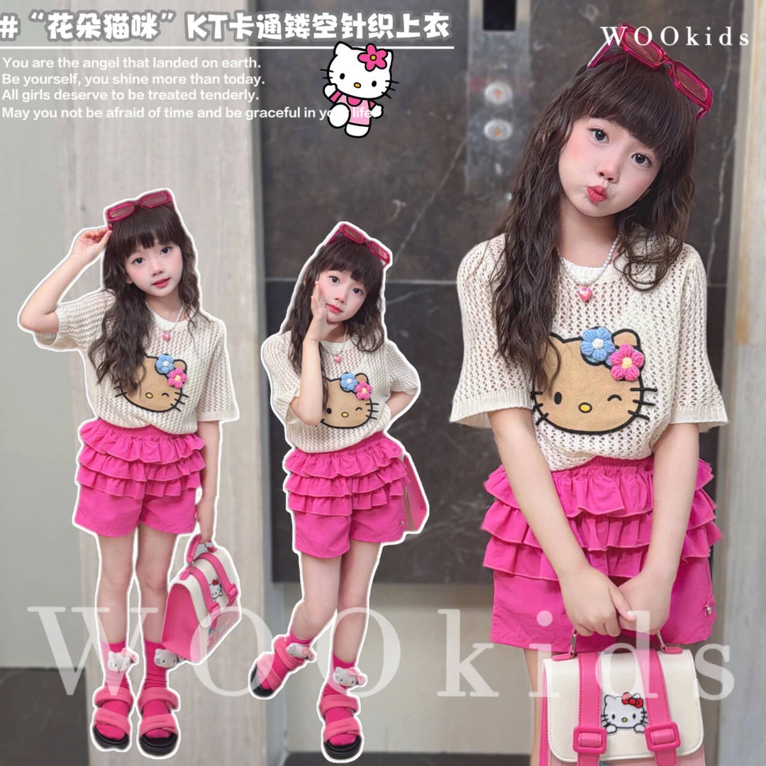 现货-WOOkids8【花朵猫咪】亲子兄妹童装高定短袖T恤 W25031506