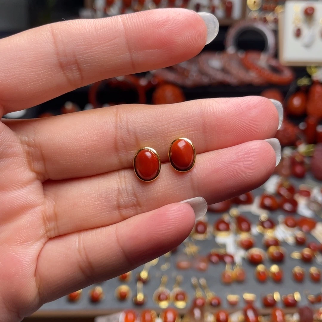 南红玛瑙银S925镶嵌小蛋面耳钉福利