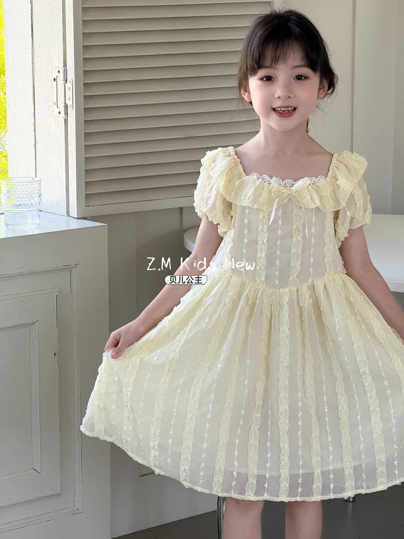 【贝儿公主】2025夏儿童花边公主裙沙滩裙泡泡袖黄色连衣裙B-58406