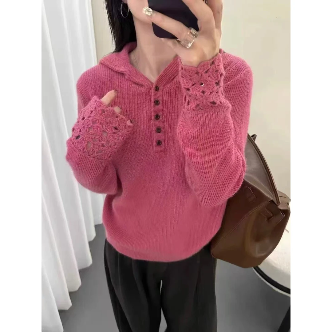 树莓钩花帽衫/厚实软糯镂空袖口纯色帽衫 胸围52 衣长56 6087