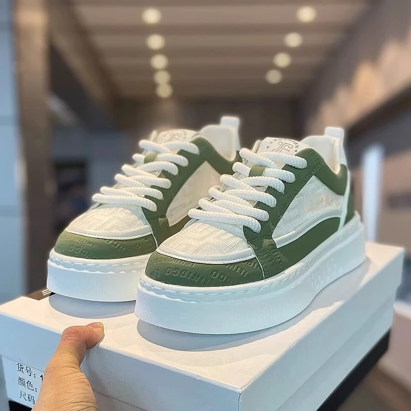 厚底休闲风拼色透气中跟网面鞋休闲帆布鞋时尚白鞋百搭小众潮鞋