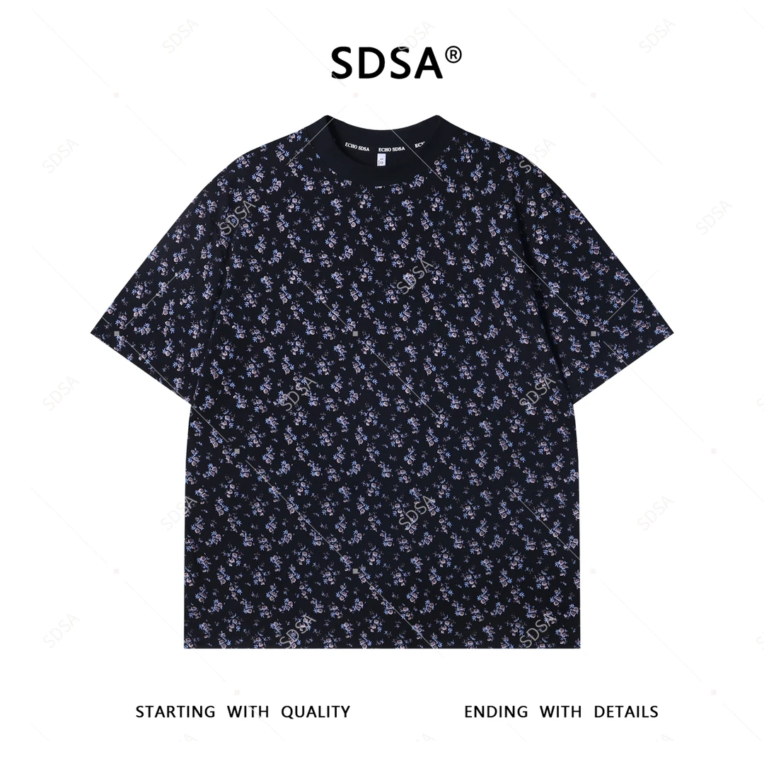 夏季高级感新款男士简约满印碎花印花短袖T恤时尚休闲圆领上衣