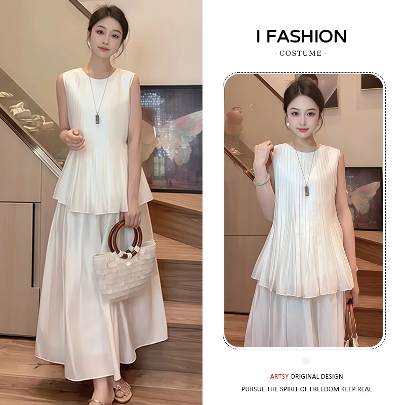 时尚温柔气质套装女2025夏季新款减龄高级感无袖上衣半身裙两件套