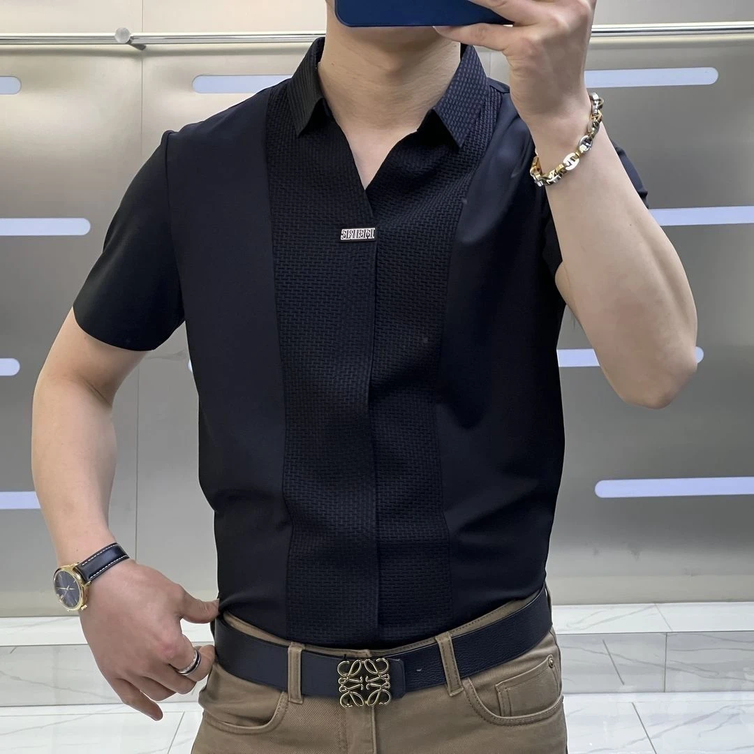 夏季新款男士高级轻奢短袖衬衫商务休闲修身百搭拼色拼接半袖T恤