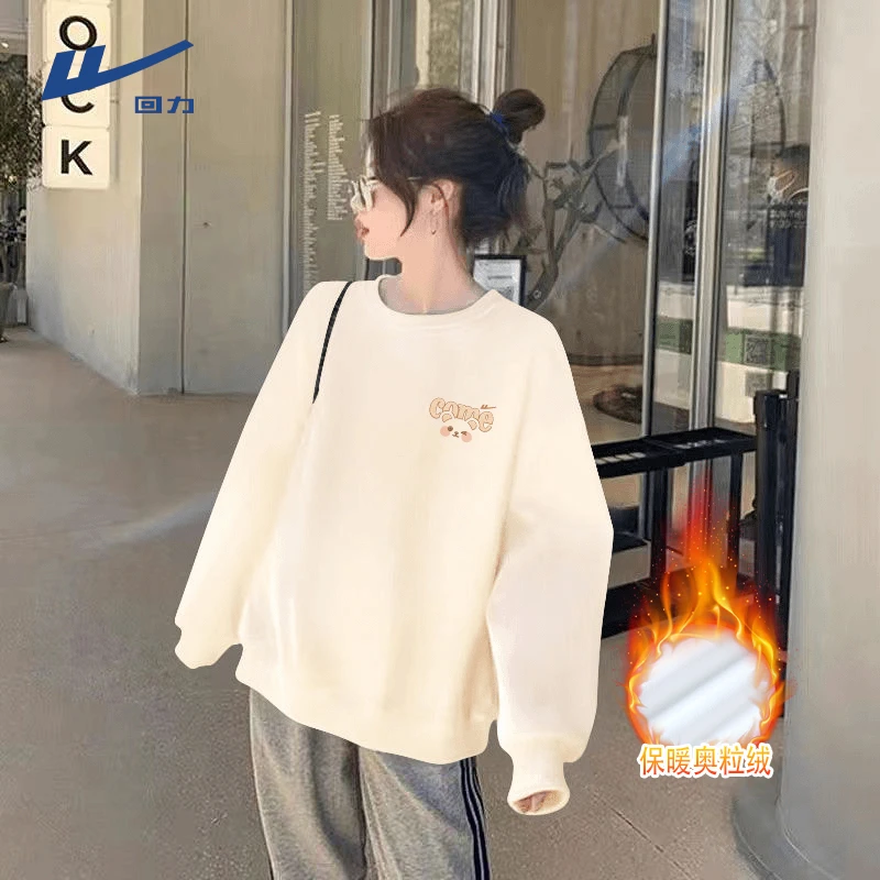 Warrior/回力加绒加厚卫衣女秋冬新款2025小个子宽松外套保暖上衣