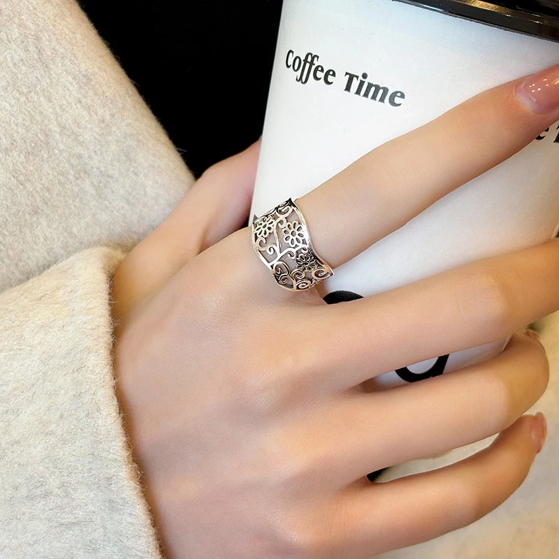 925银玻璃戒指 S925纯银复古镂空花戒指女日韩版简约小众设计感轻