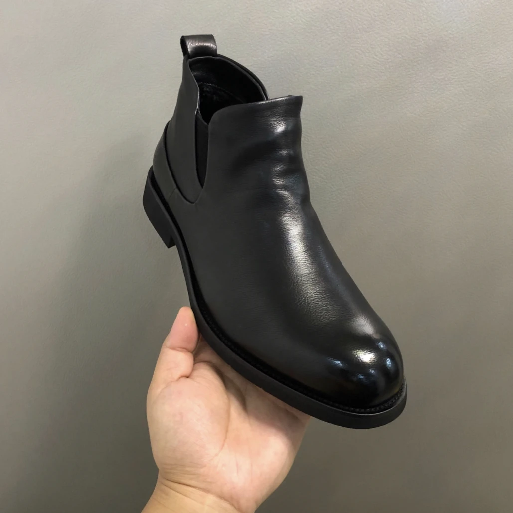 一脚蹬中帮皮靴切尔西靴擦色皮薄款套筒高帮