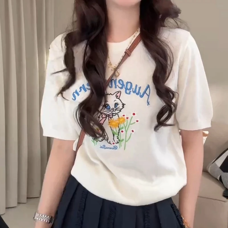 “猫咪”圆领针织衫夏季凉感丝休闲短袖上衣LK2504788