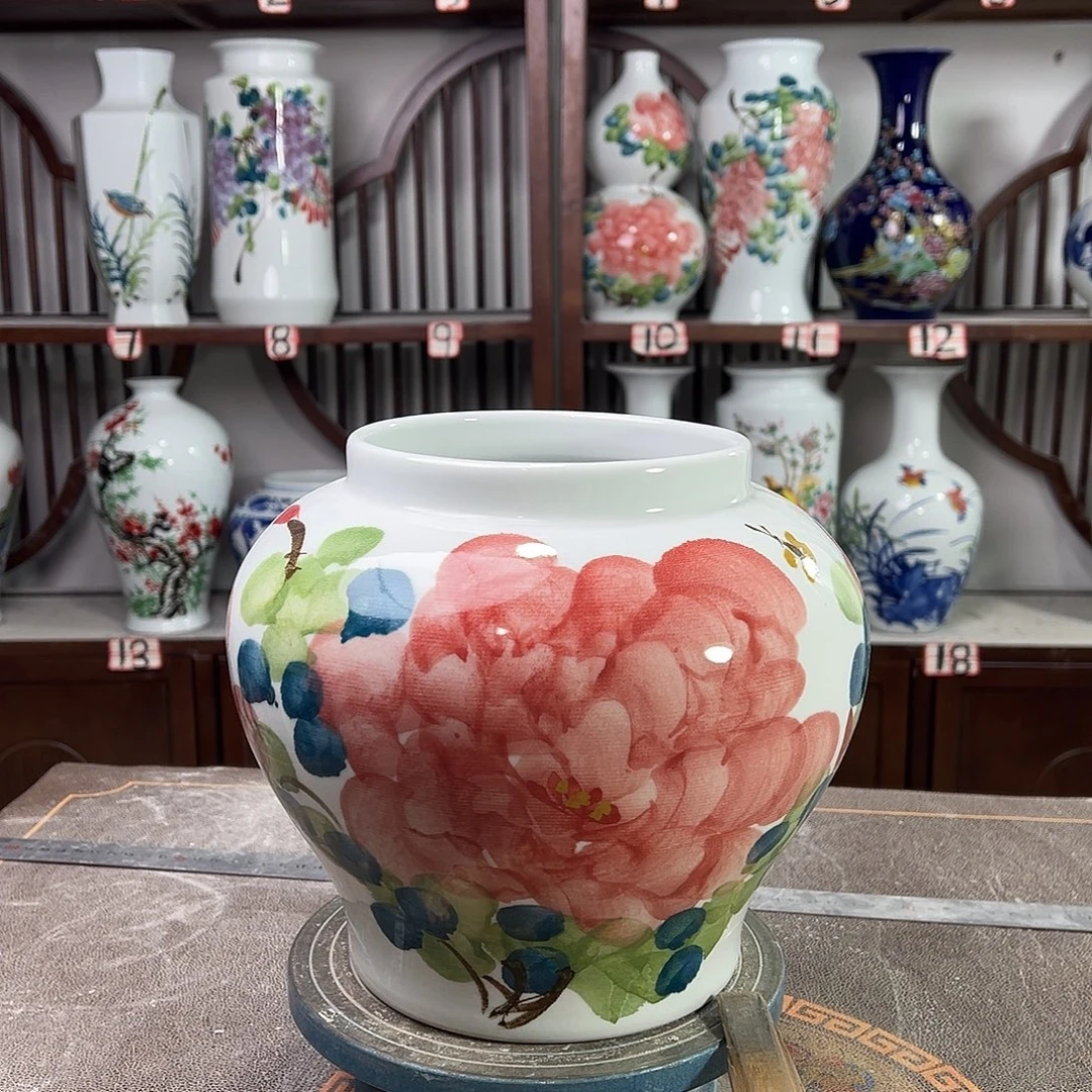 摆件陶景德镇陶瓷大口红牡花
