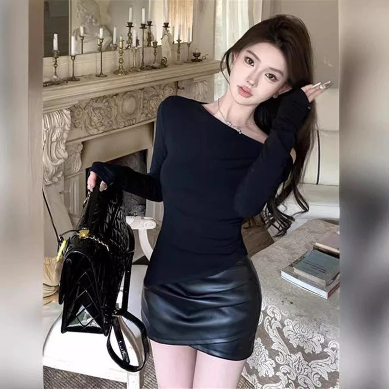 上衣斜肩不规则修身辣妹女春露肩肩纯欲T恤长袖斜领紧身个性一字