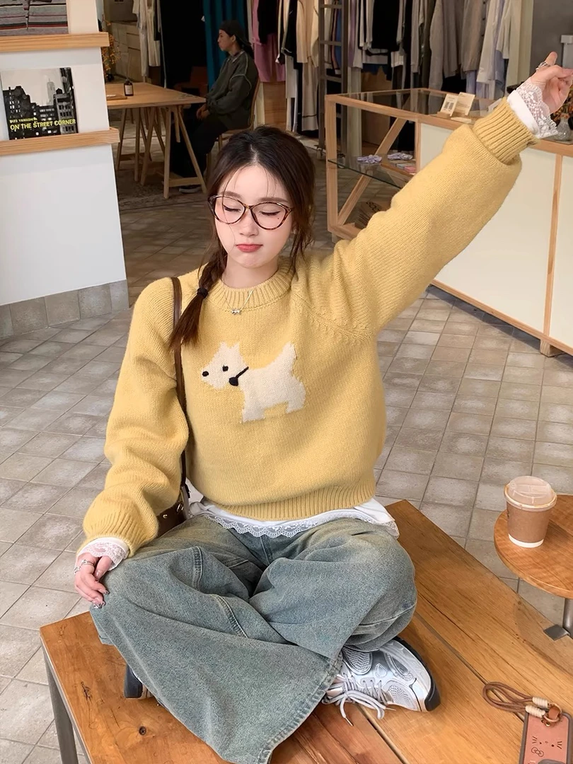 清仓 小个子韩系甜美毛球小狗宽松针织衫毛衣软糯亲肤