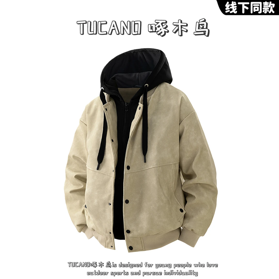 啄木鸟美式假两件PU皮衣外套男士秋冬季潮牌百搭棒球服加棉皮夹克