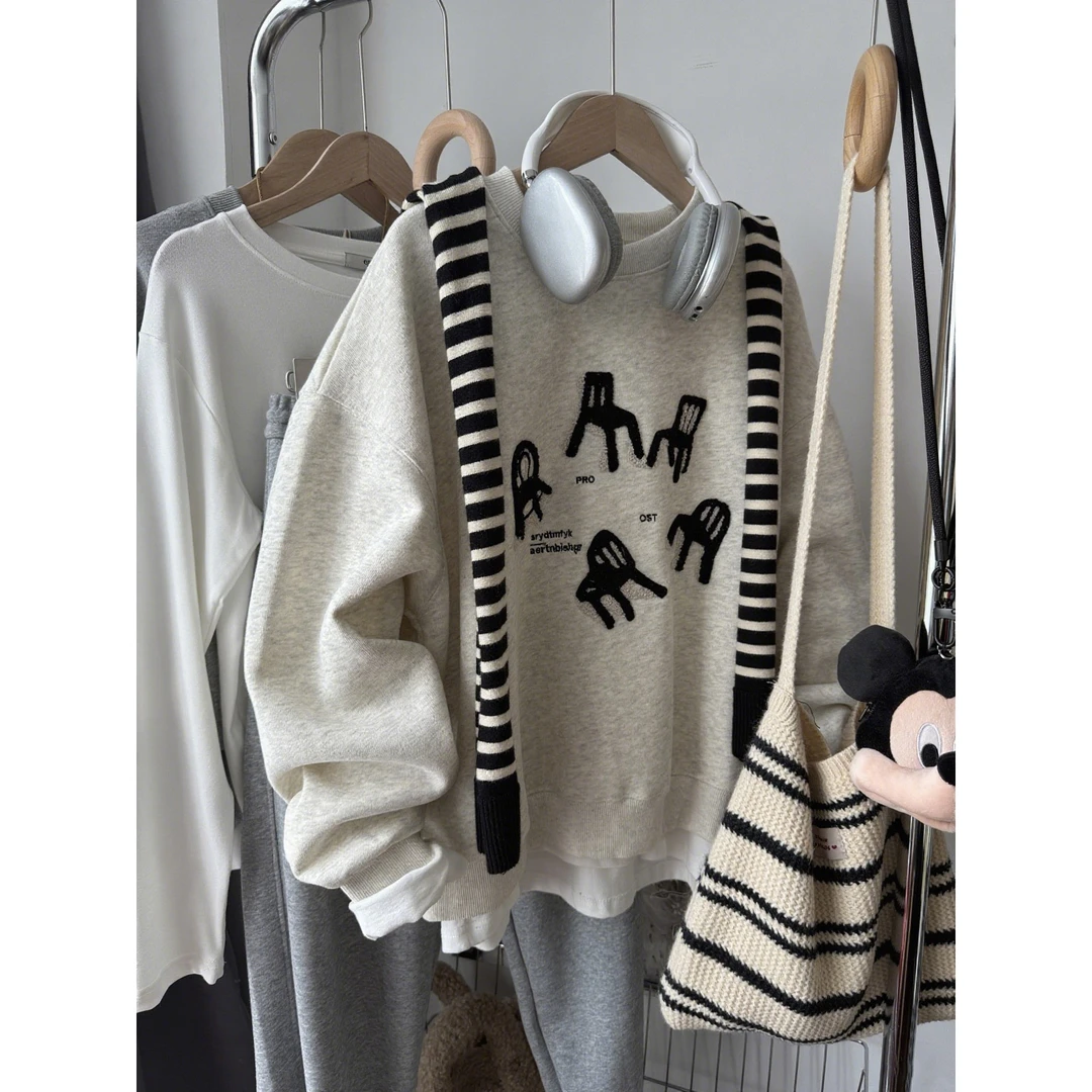 秋冬季韩系植绒刺绣洋气百搭休闲宽松胖mm圆领卫衣女新款上衣