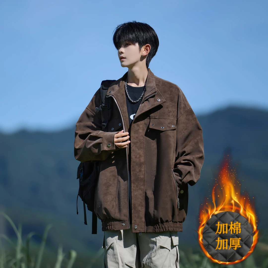 美式扎染PU皮翻领加棉加厚外套男春秋冬季新款宽松男生工装风夹克