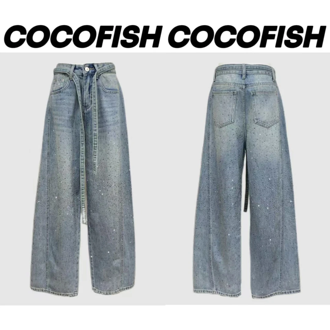 松弛感高腰显瘦烫钻宽松弯刀拖地牛仔裤#J32559