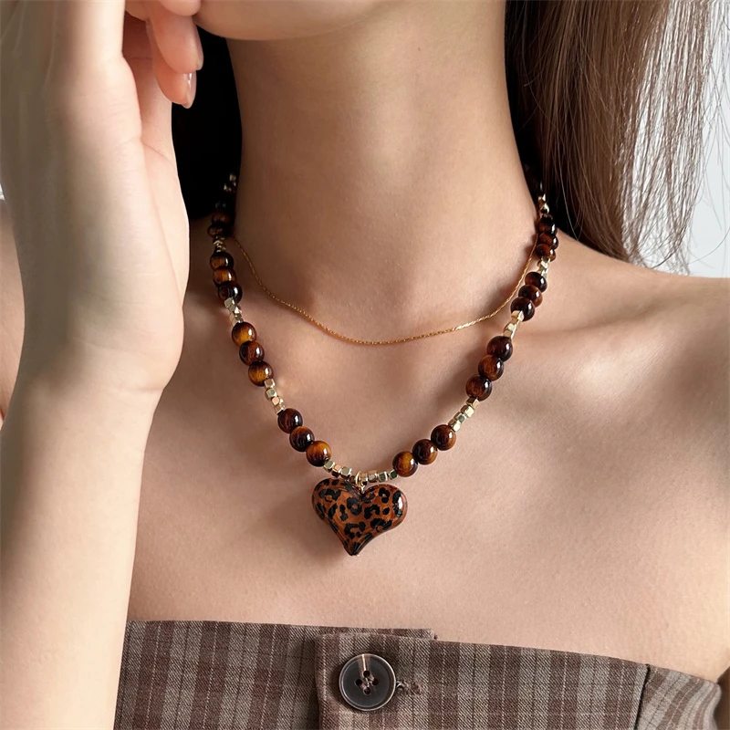 合金亚克力项链 X6109-1甜酷辣妹复古美拉德豹纹爱心珠珠拼接项链