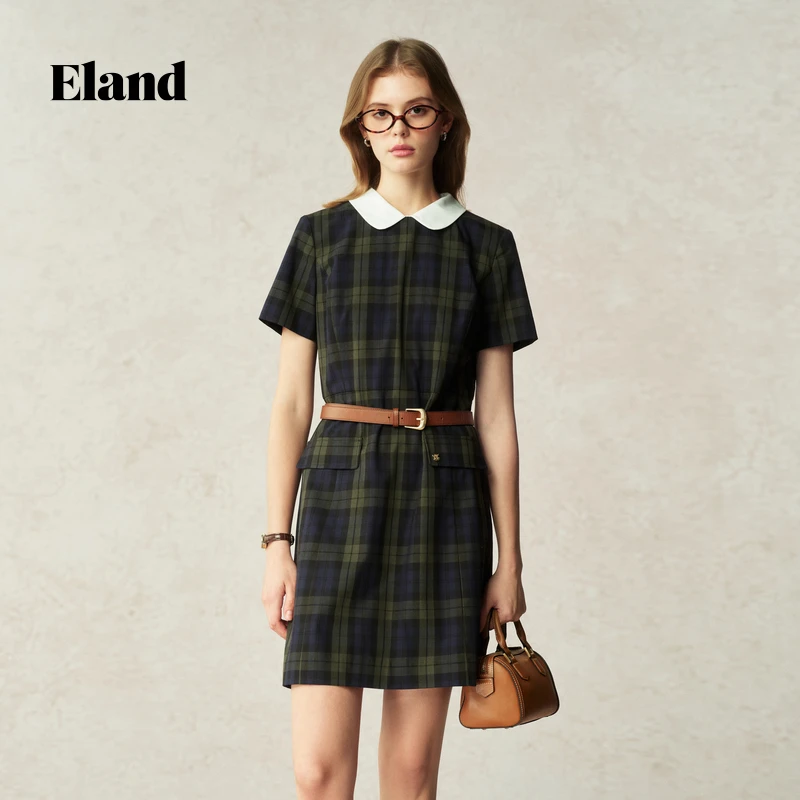 【商场同款】Eland衣恋学院风格纹可拆卸领收腰A字连衣裙EEOWF37M06