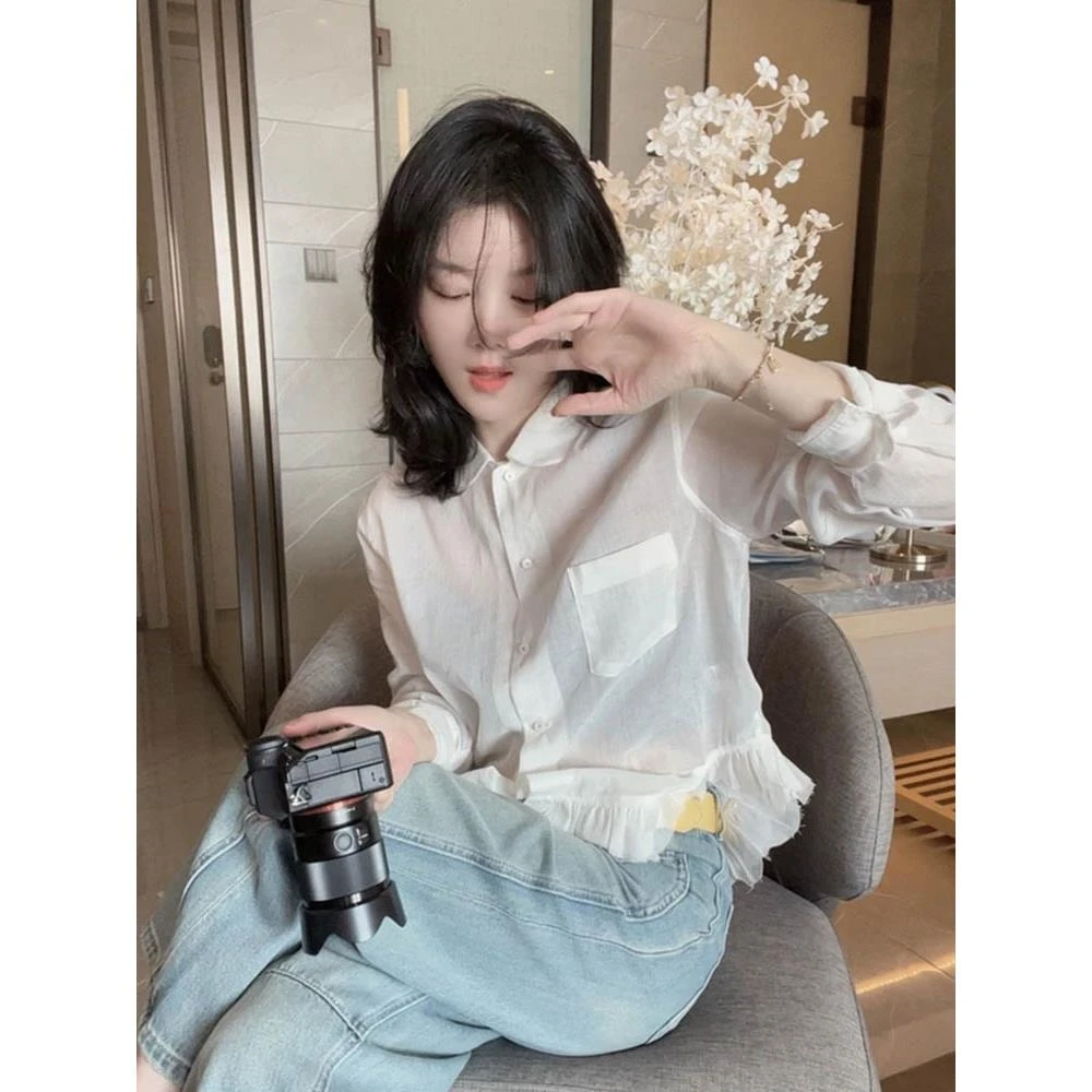 【YUEYUE专属】小众纯色荷叶花边修身显瘦衬衫长袖白色百搭韩版衬衣