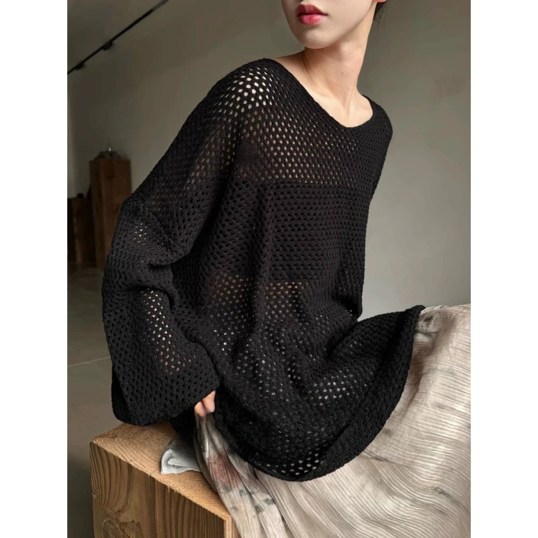 巨好看！上身绝美！镂空透视针织衫女2025秋季宽松长袖防晒罩衫T恤