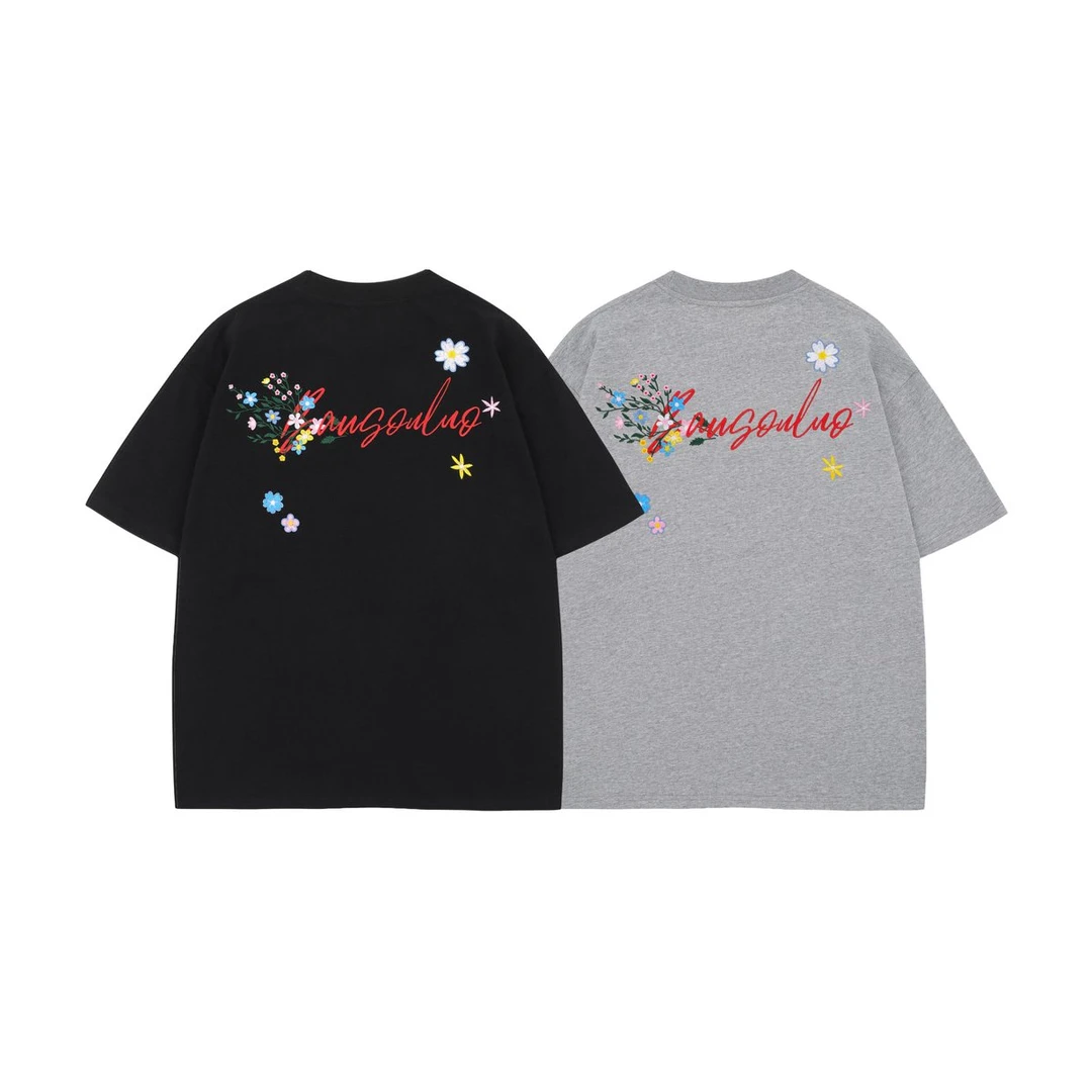 邦欧罗美式花卉刺绣ins短袖t恤潮流情侣宽松体恤半袖上衣圆领纯棉