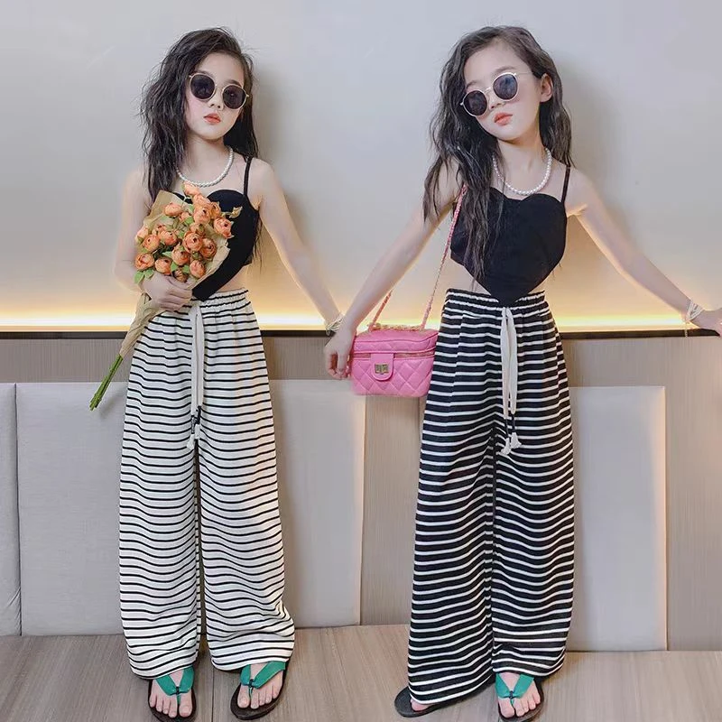 【亲子装】2025秋季新款女童阔腿裤休闲洋气童装韩版条纹阔腿直筒裤