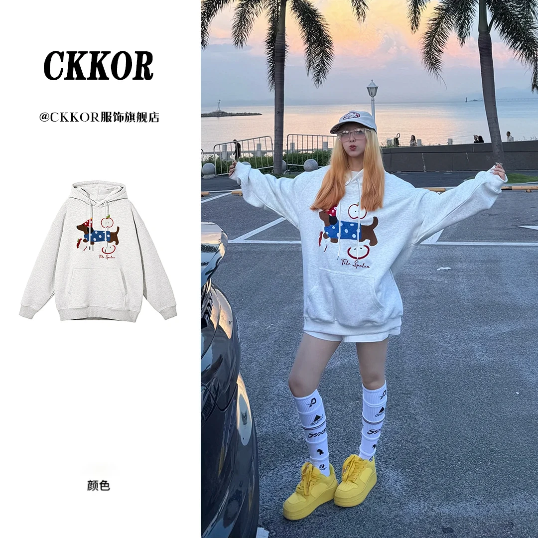 CKKOR秋冬季新款宽松休闲松弛慵懒风韩版连帽卫衣女卡通印花上衣