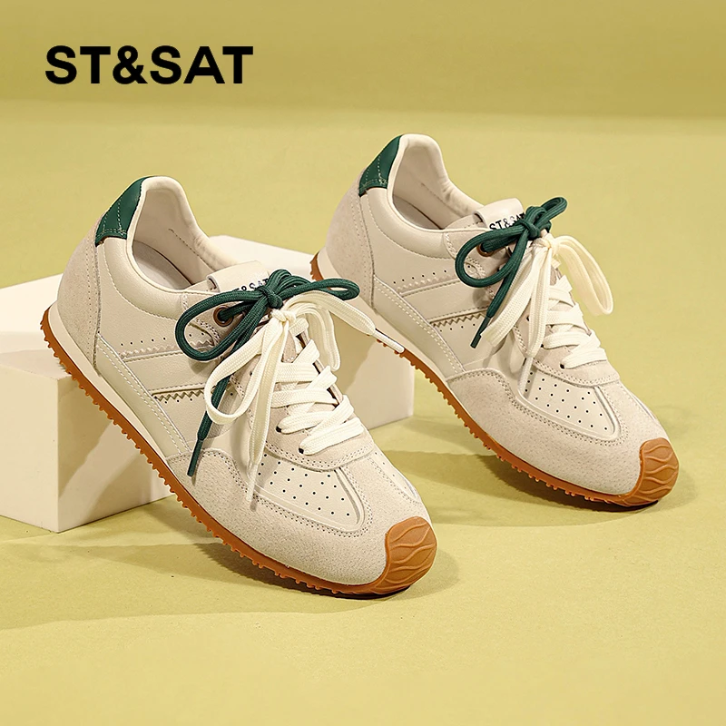 星期六春款鸳鸯鞋复古阿甘女鞋2025新款透气真皮平底运动鞋德训鞋