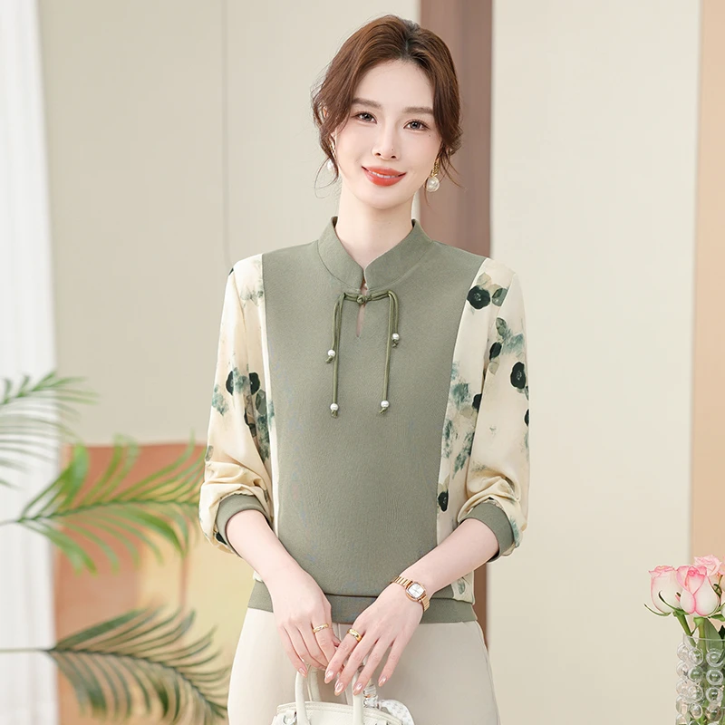 春秋时尚气质中年女士上衣纱袖中老年女装妈妈夏装长袖t恤显瘦