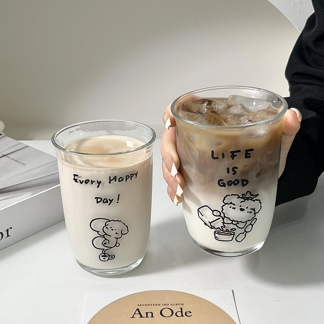 【两只装】ins风原创美式小狗玻璃水杯饮料牛奶果汁杯冰拿铁咖啡杯
