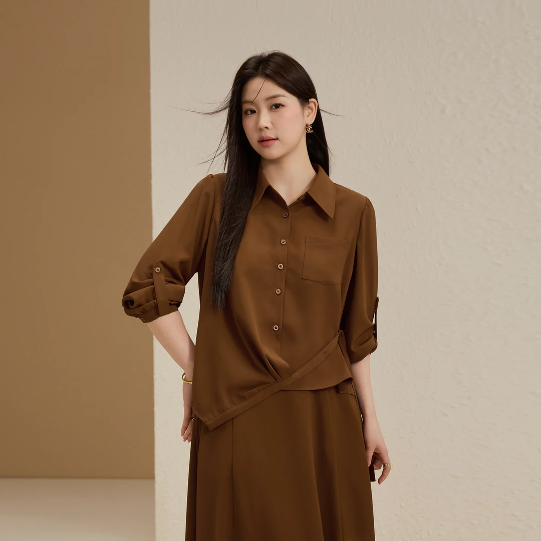 【晨曦】纤莉秀E大码女装流光风小众设计感翻领轻薄衬衫QK3752