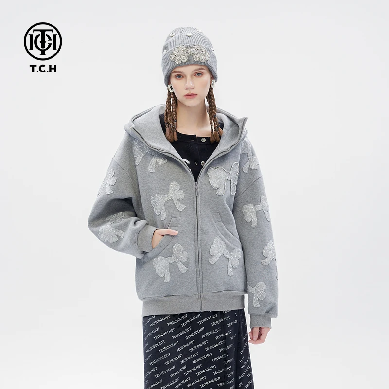 轻奢-TCH潮牌烫钻蝴蝶结设计休闲宽松加厚连帽卫衣外套T72C176006