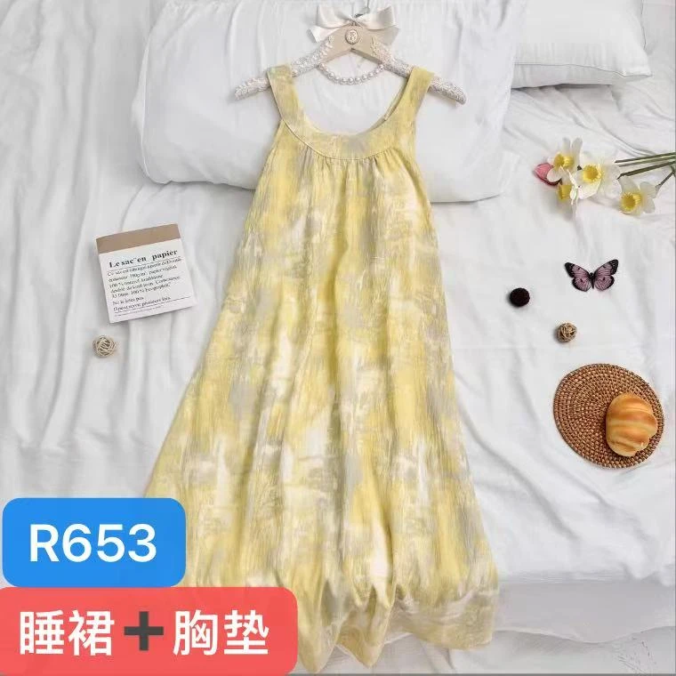 【R653】夏季清凉一夏土黄吊带睡裙+胸垫