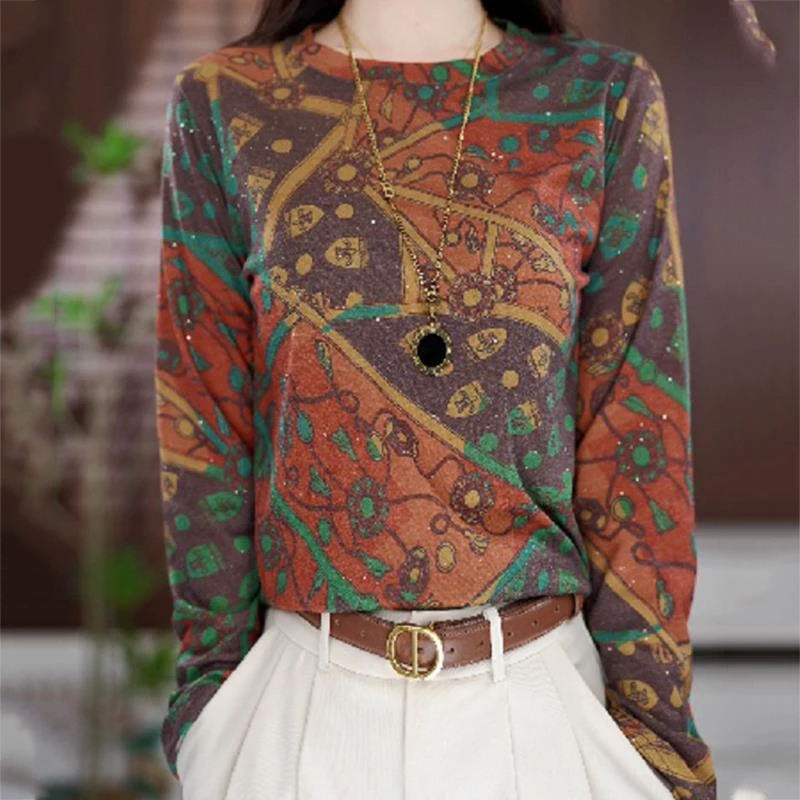 2025秋季新款印花长袖t恤女气质休闲高级感别致漂亮洋气时髦小衫