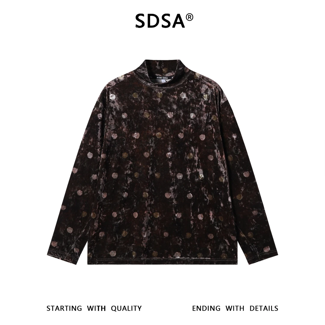 SDSA秋冬新款痞帅男装简约撞色绒面撞色波点半高领长袖T恤复古