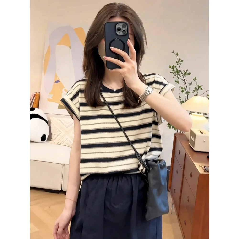 撞色条纹短袖t恤女2025新款爆款春夏宽松小众设计感小飞袖上衣女