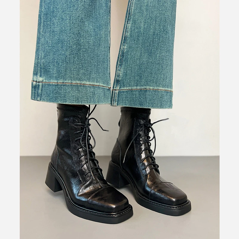 羊皮版~复古静音底高跟短靴女粗跟瘦瘦靴百搭显瘦厚底英伦马丁靴