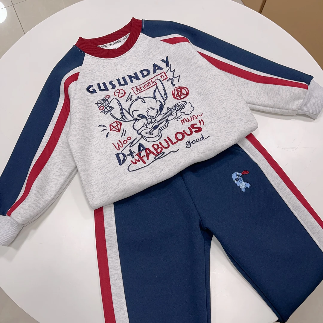 2025年春新款亲子套装史迪仔刺绣圆领男童女童 撞色韩版 小中大童