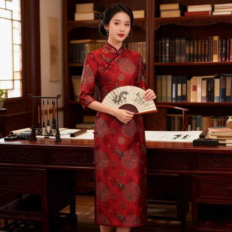 全开襟喜婆婆旗袍秋季2025年新款中国风红色日常改良妈妈装268029