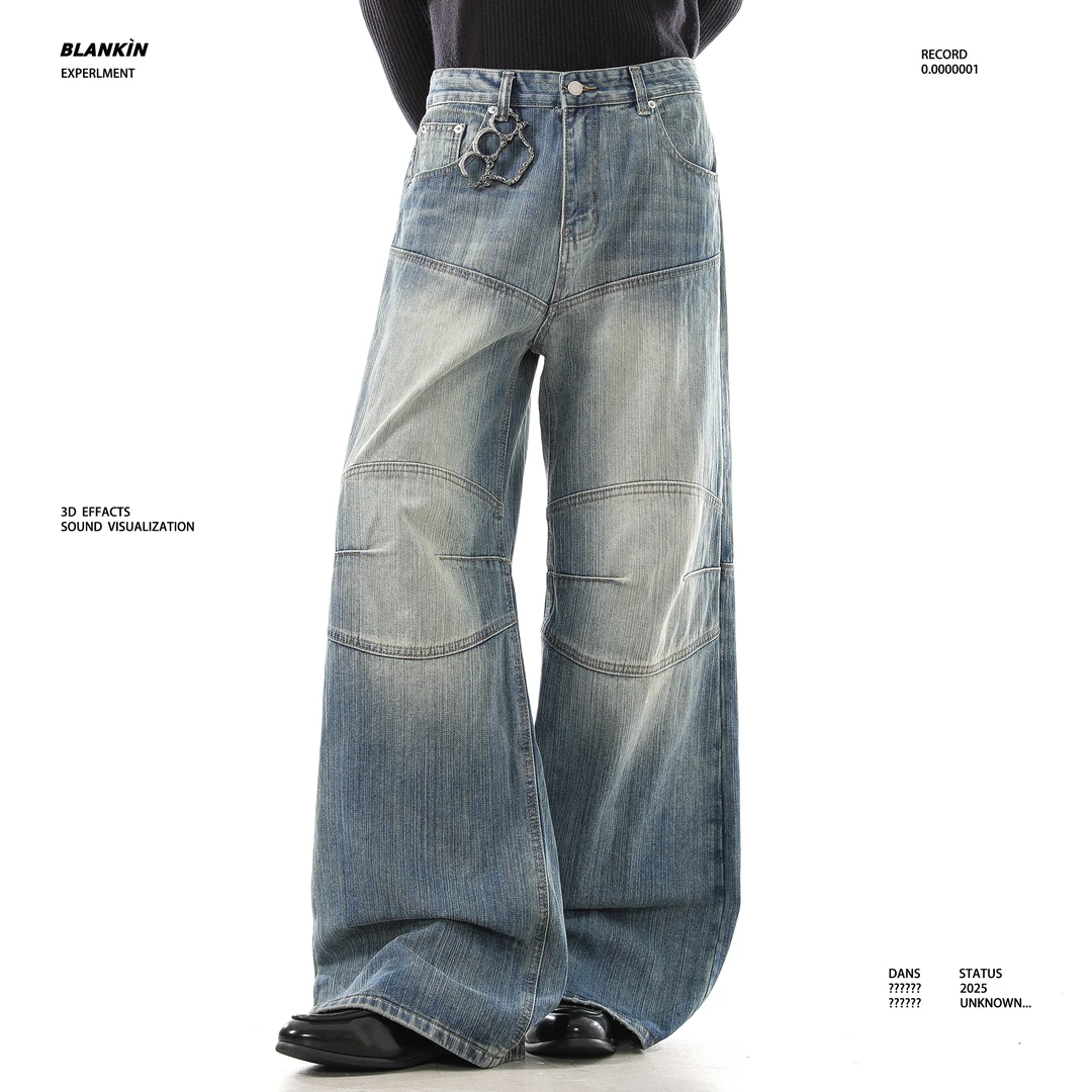 BLANKIN 美式复古褶皱小众拼接解构线条设计牛仔裤宽松直筒休闲裤