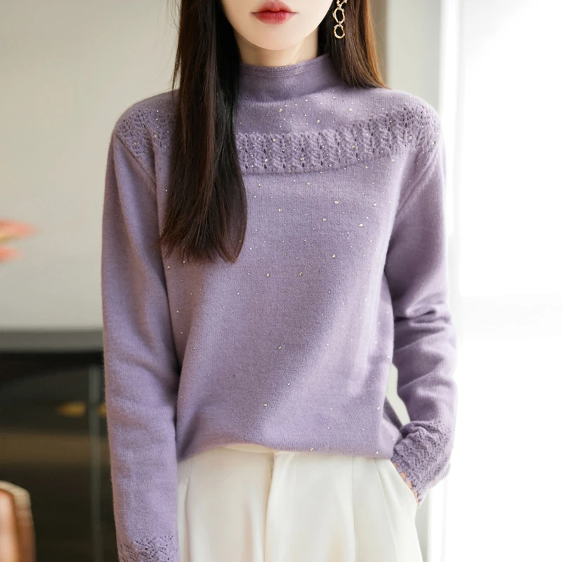 秋冬新款套头半高领闪钻打底衫蕾丝拼接软糯亲肤不扎肉326106